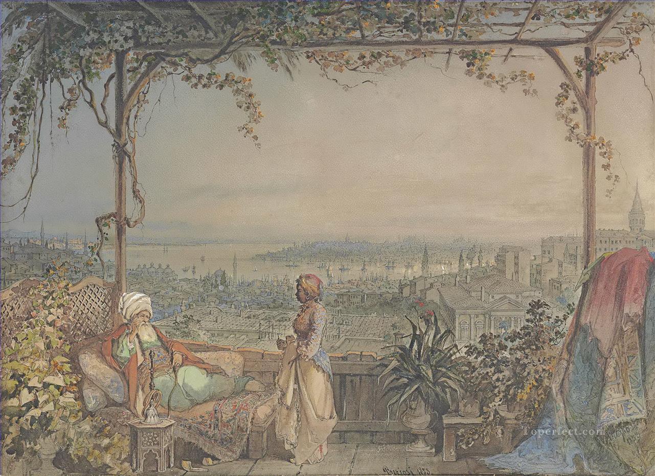 Pasha and maid on a balcony in Pera overlooking Constantinople Amadeo Preziosi Neoclassicism Romanticism Oil Paintings